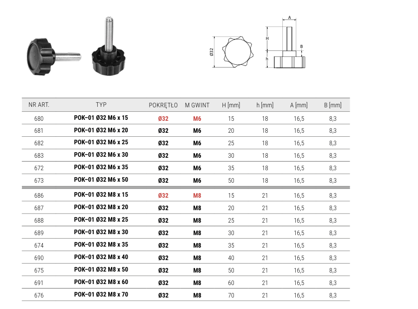 32mm Star Knob with Threaded Bolt